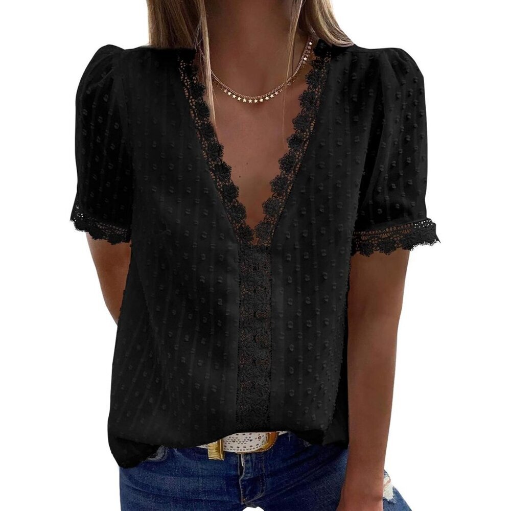 Women's Lace V Neck Crochet Flowy Casual Blouse Top for Spring Summer